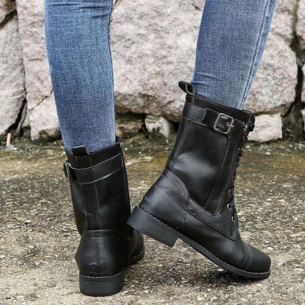 Women's Faux Leather Combat Boots with Full-Length Side Zip