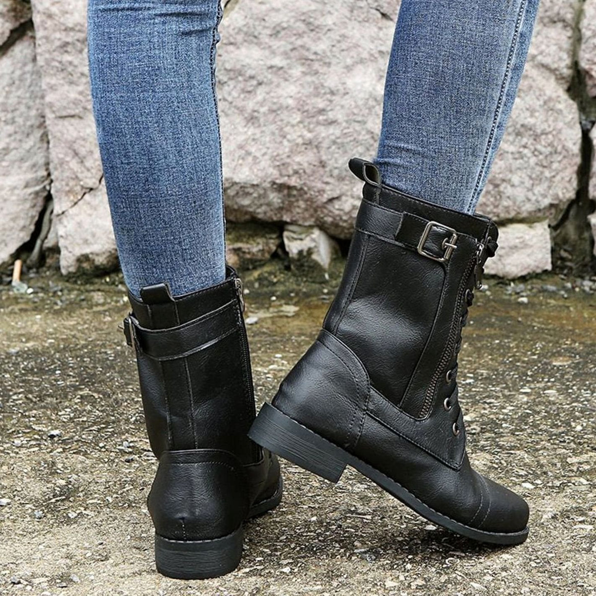 Women's Faux Leather Combat Boots with Full-Length Side Zip