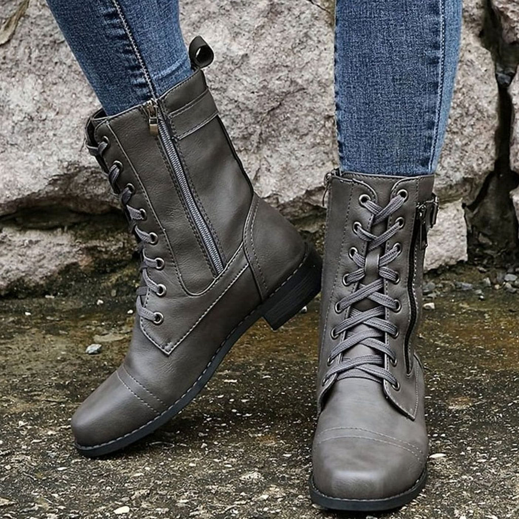 Women's Faux Leather Combat Boots with Full-Length Side Zip