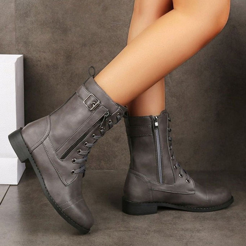 Women's Faux Leather Combat Boots with Full-Length Side Zip