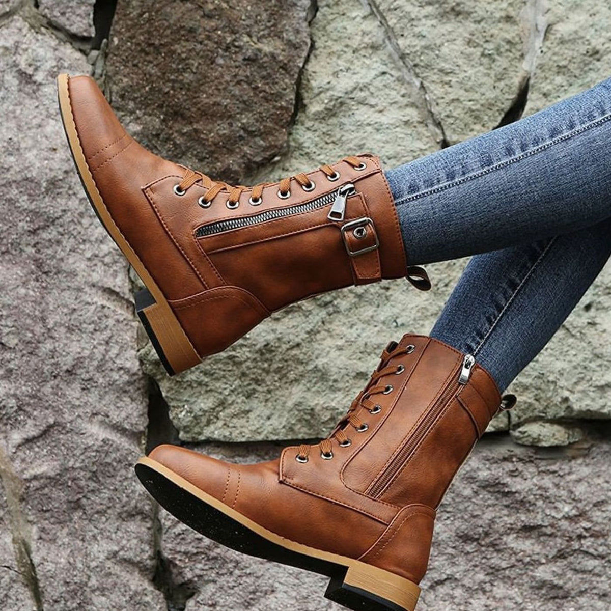 Women's Faux Leather Combat Boots with Full-Length Side Zip