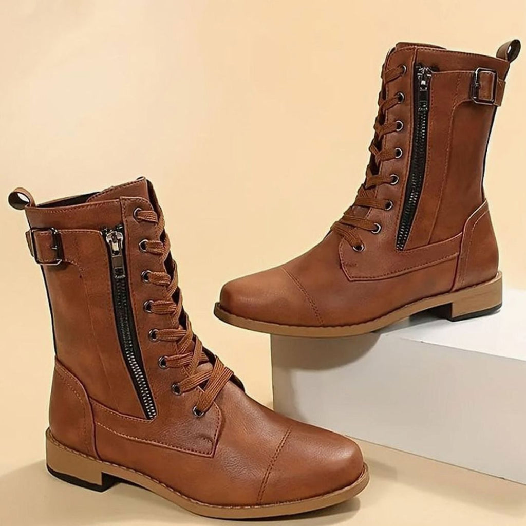 Women's Faux Leather Combat Boots with Full-Length Side Zip