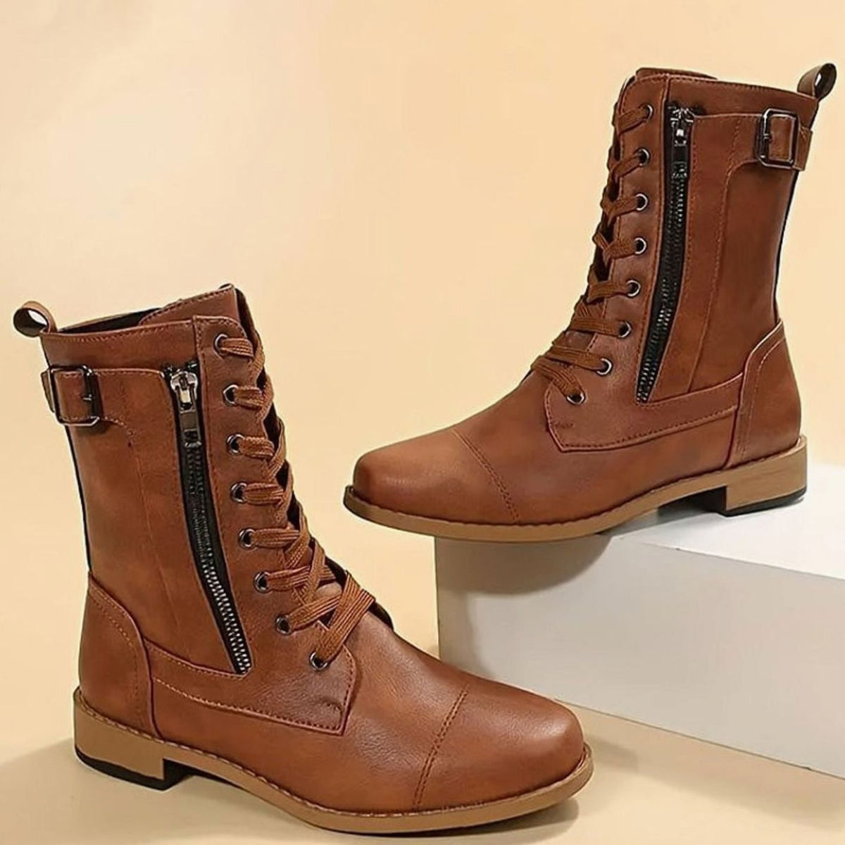 Women's Faux Leather Combat Boots with Full-Length Side Zip