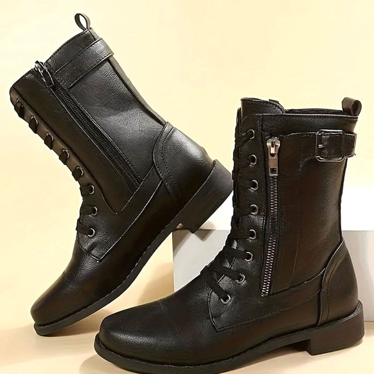 Women's Faux Leather Combat Boots with Full-Length Side Zip