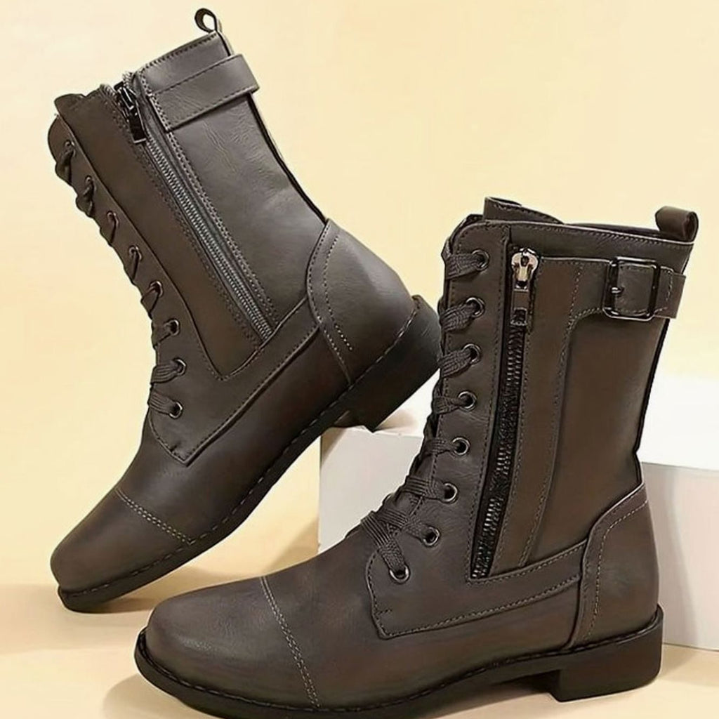 Women's Faux Leather Combat Boots with Full-Length Side Zip