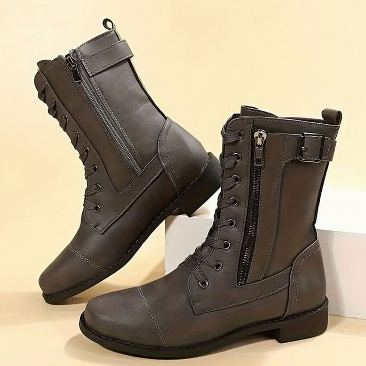 Women's Faux Leather Combat Boots with Full-Length Side Zip