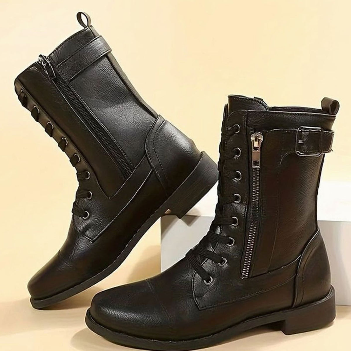 Women's Faux Leather Combat Boots with Full-Length Side Zip