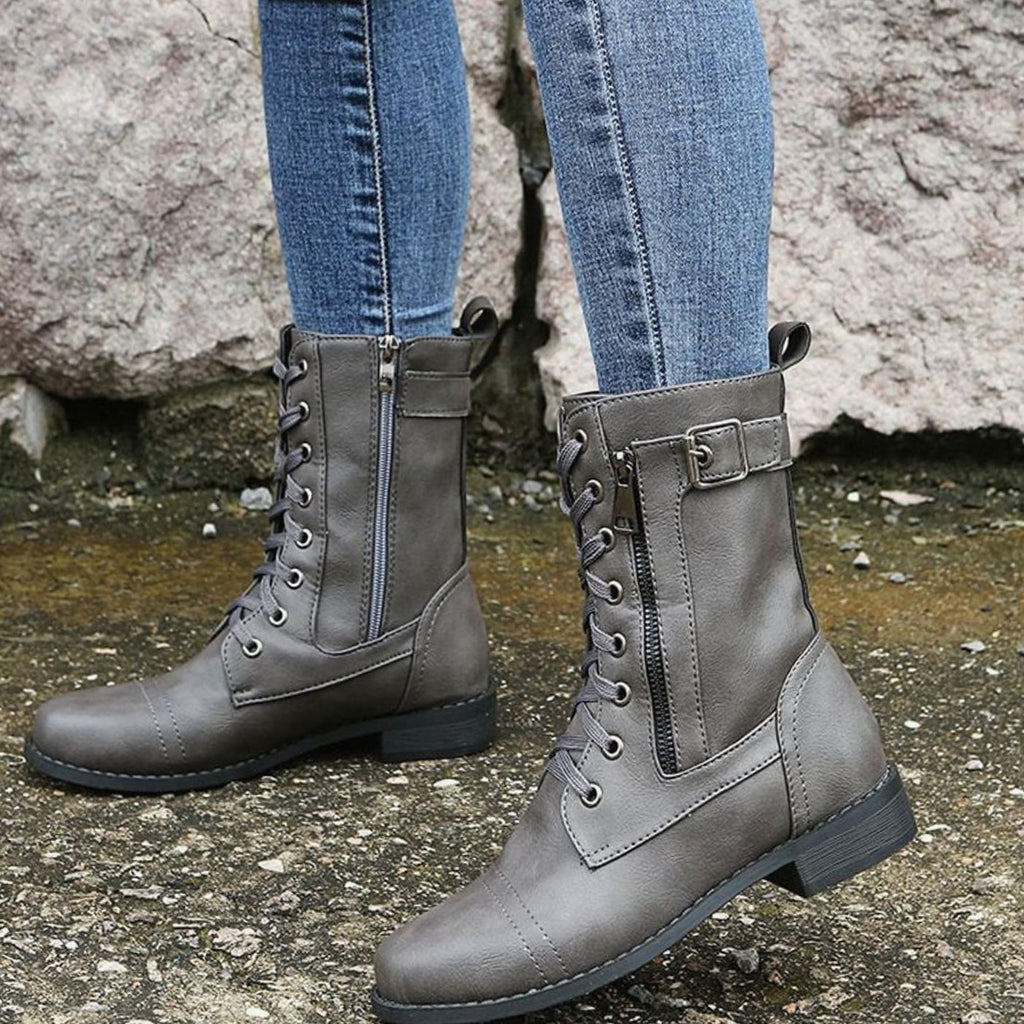 Women's Faux Leather Combat Boots with Full-Length Side Zip