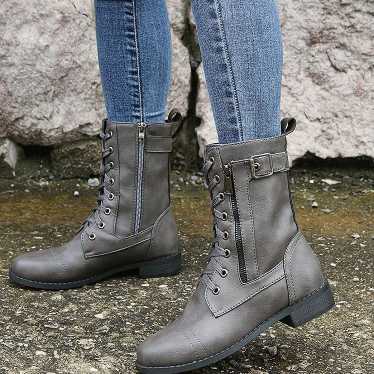 Women's Faux Leather Combat Boots with Full-Length Side Zip