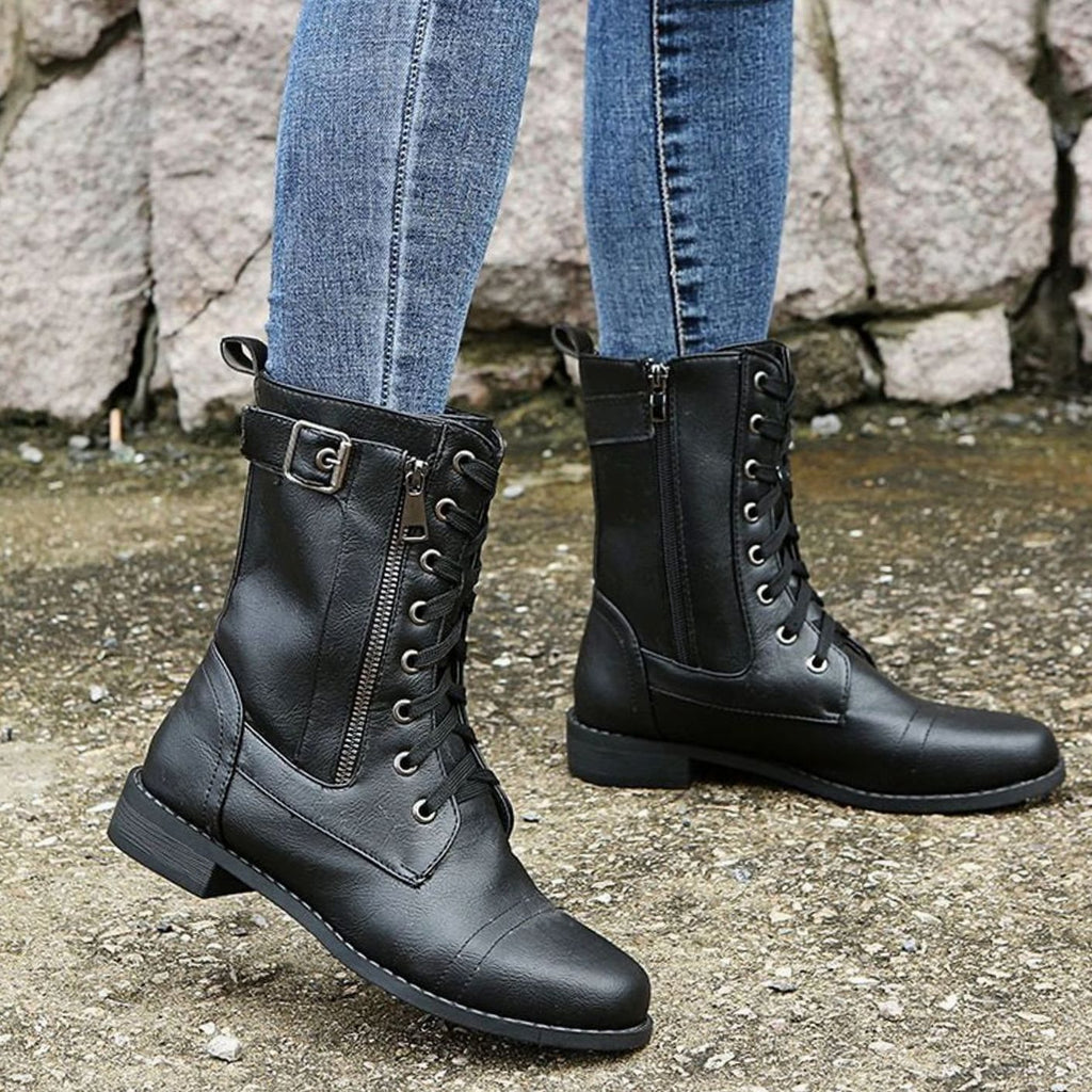 Women's Faux Leather Combat Boots with Full-Length Side Zip