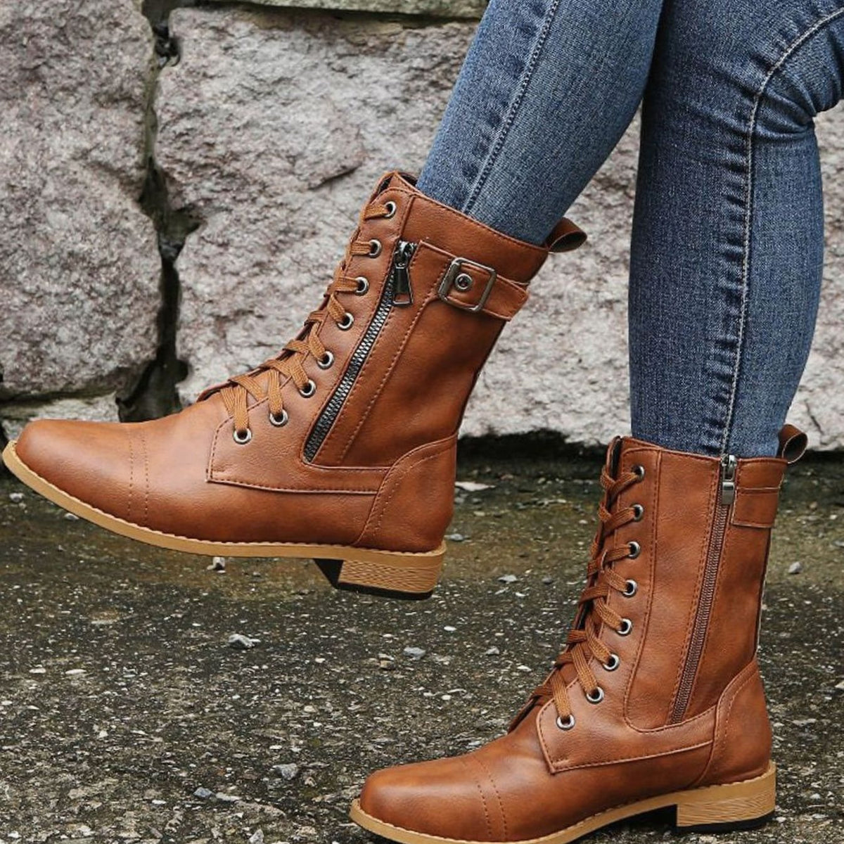 Women's Faux Leather Combat Boots with Full-Length Side Zip