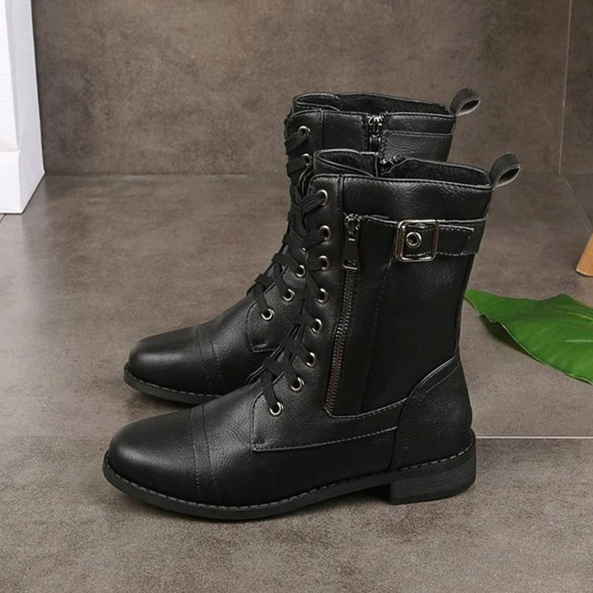 Women's Faux Leather Combat Boots with Full-Length Side Zip