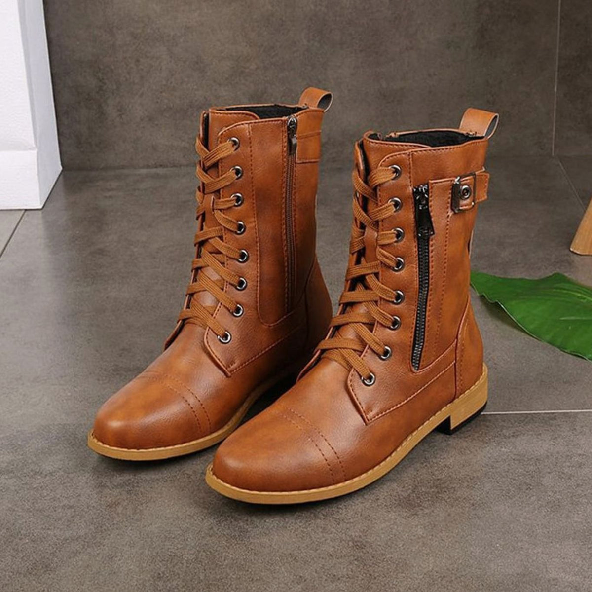 Women's Faux Leather Combat Boots with Full-Length Side Zip