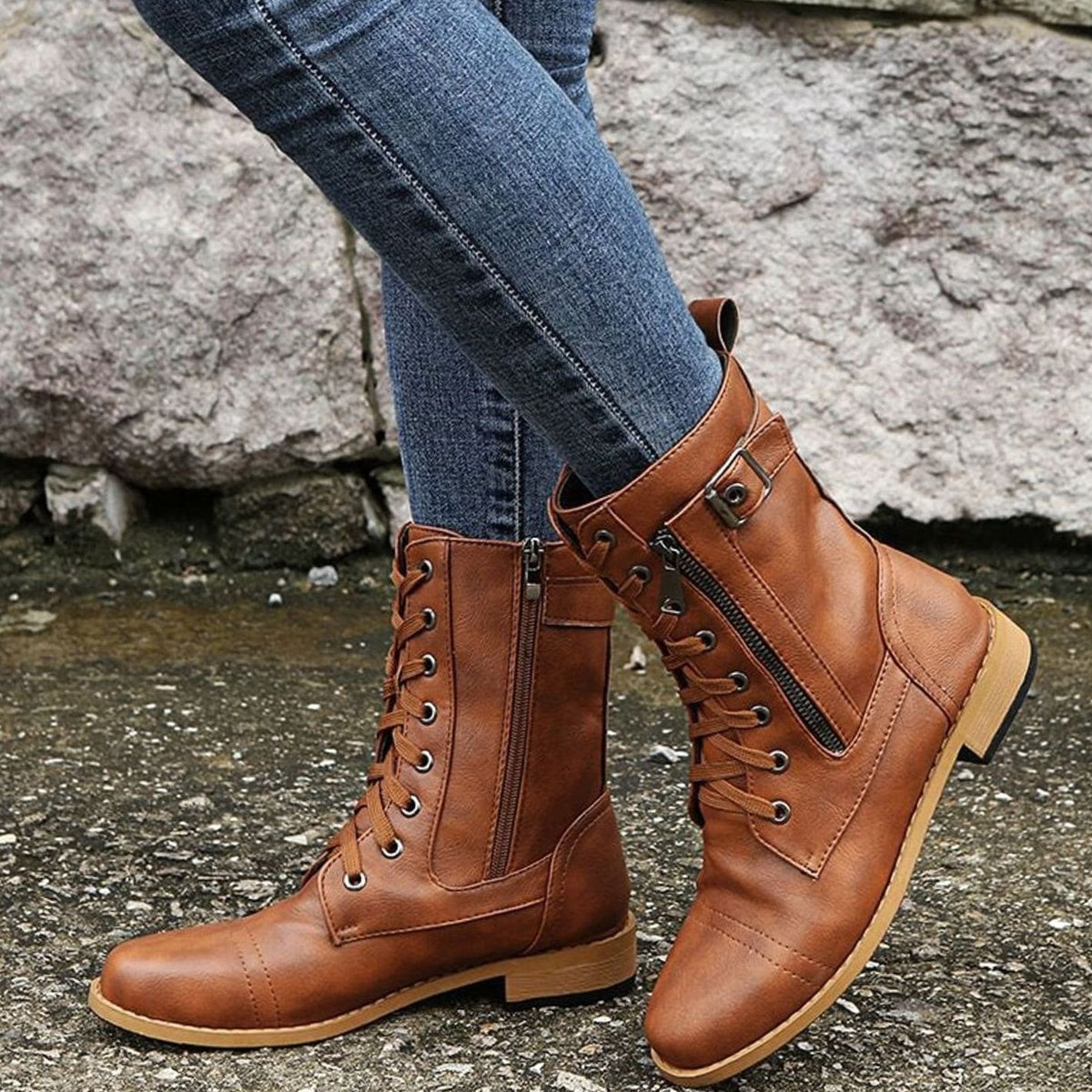 Women's Faux Leather Combat Boots with Full-Length Side Zip