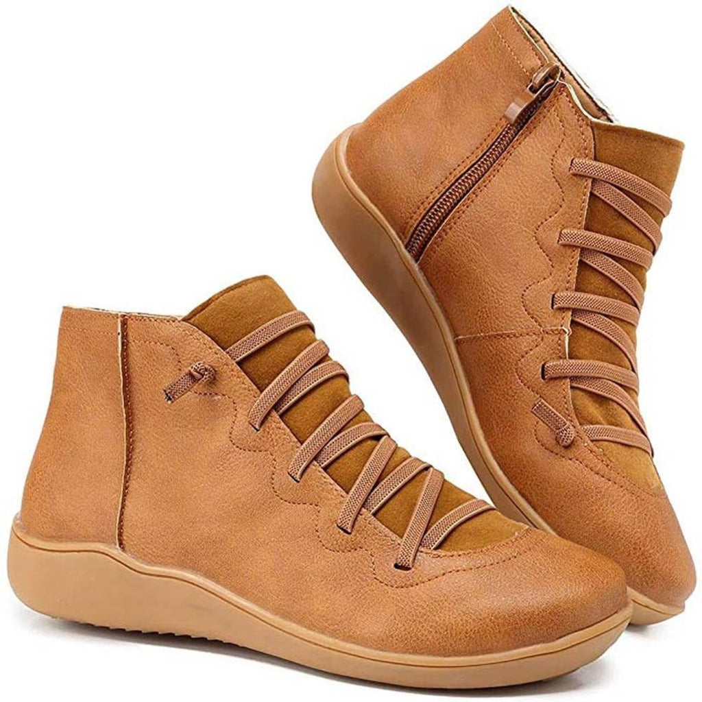 Women's Flat Leather Ankle Booties with Lace-Up Side Zip