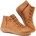 Women's Flat Leather Ankle Booties with Lace-Up Side Zip
