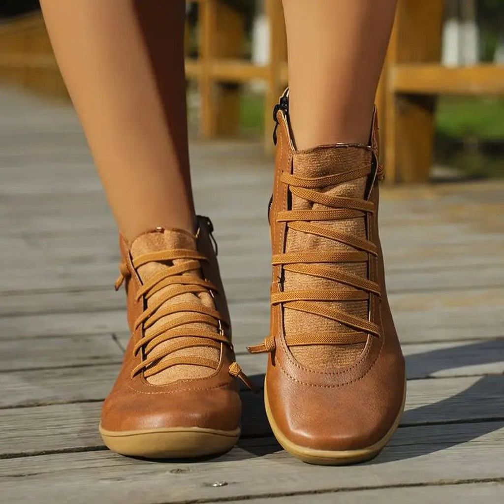 Women's Flat Leather Ankle Booties with Lace-Up Side Zip