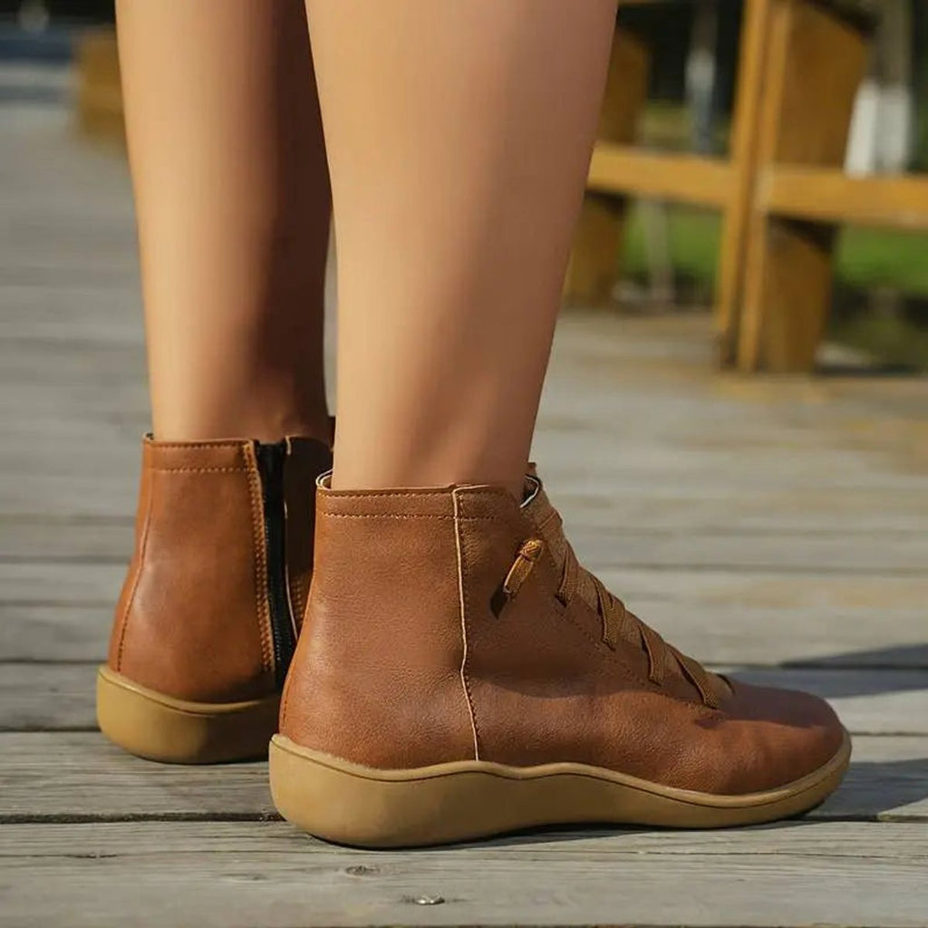 Women's Flat Leather Ankle Booties with Lace-Up Side Zip