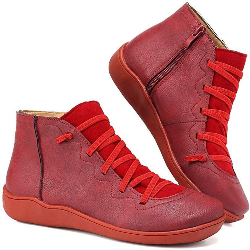 Women's Flat Leather Ankle Booties with Lace-Up Side Zip