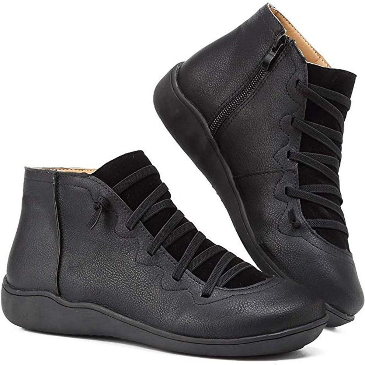 Women's Flat Leather Ankle Booties with Lace-Up Side Zip