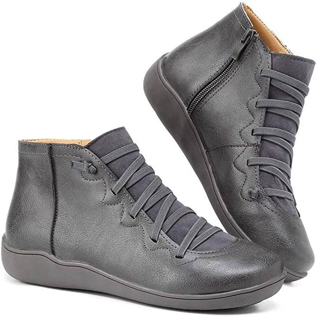 Women's Flat Leather Ankle Booties with Lace-Up Side Zip