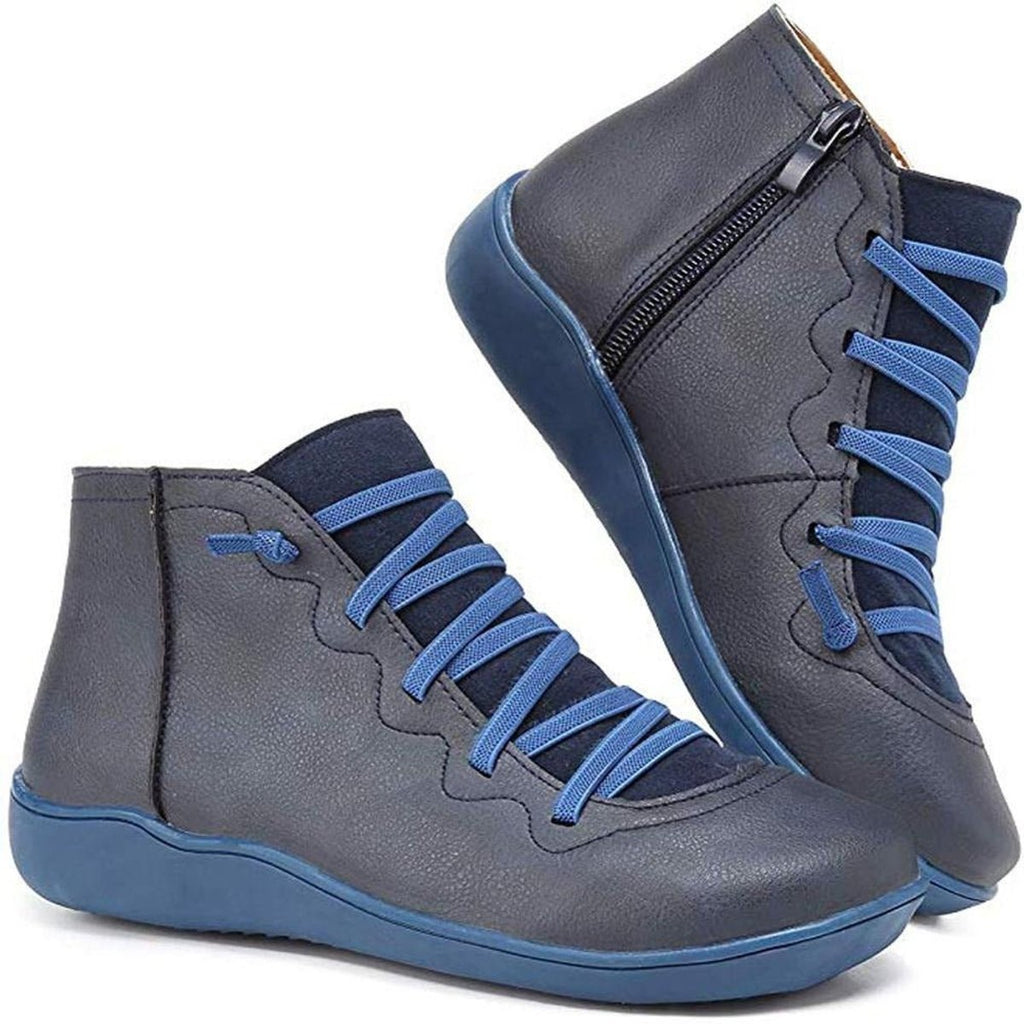 Women's Flat Leather Ankle Booties with Lace-Up Side Zip