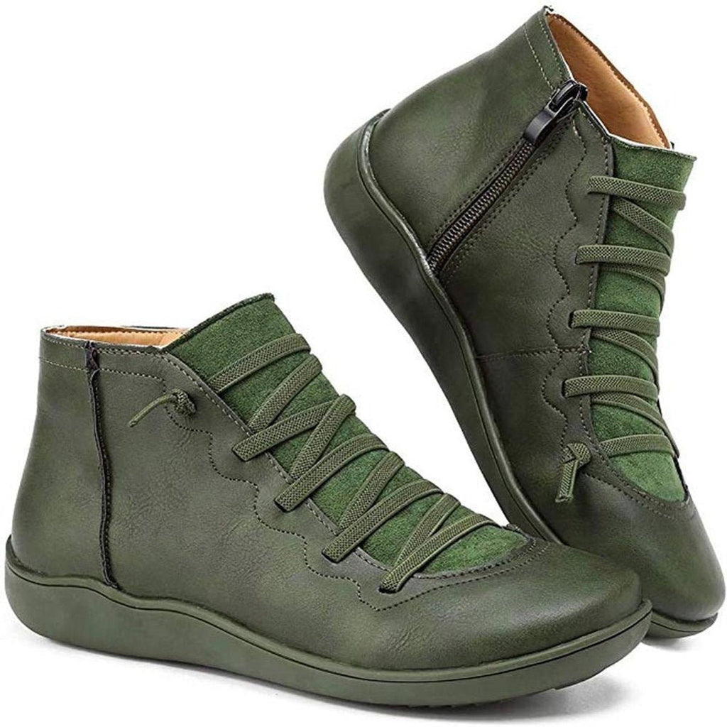 Women's Flat Leather Ankle Booties with Lace-Up Side Zip