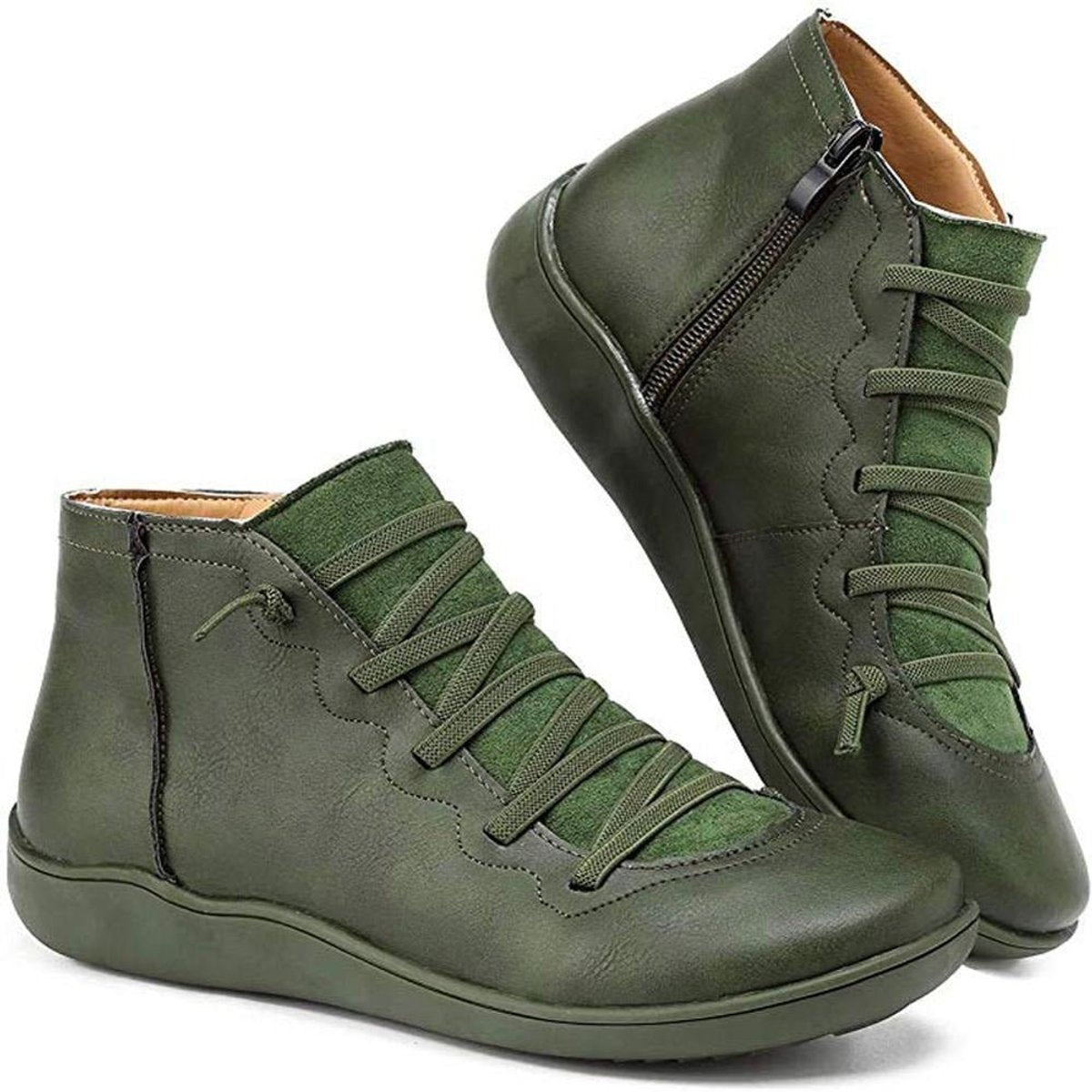 Women's Flat Leather Ankle Booties with Lace-Up Side Zip