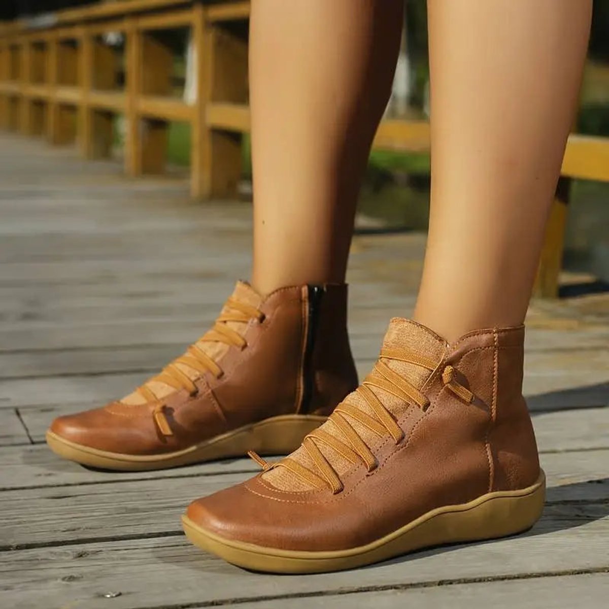Women's Flat Leather Ankle Booties with Lace-Up Side Zip