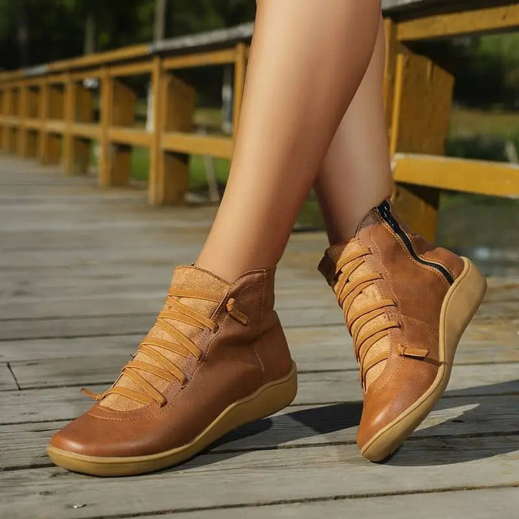 Women's Flat Leather Ankle Booties with Lace-Up Side Zip