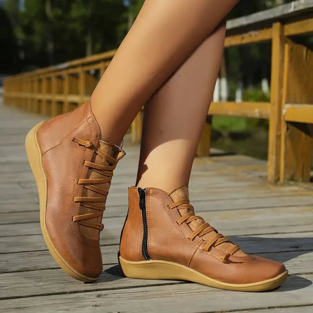 Women's Flat Leather Ankle Booties with Lace-Up Side Zip