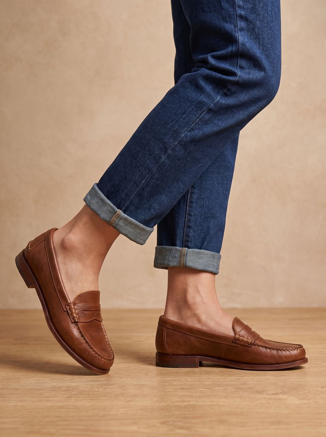 Women's Hand-Stitched Moccasin Leather Penny Loafers