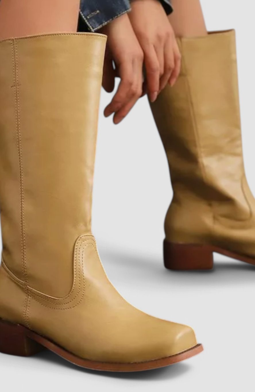 Women's Tall Smooth Leather Boots with Stacked Heel