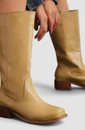 Women's Tall Smooth Leather Boots with Stacked Heel