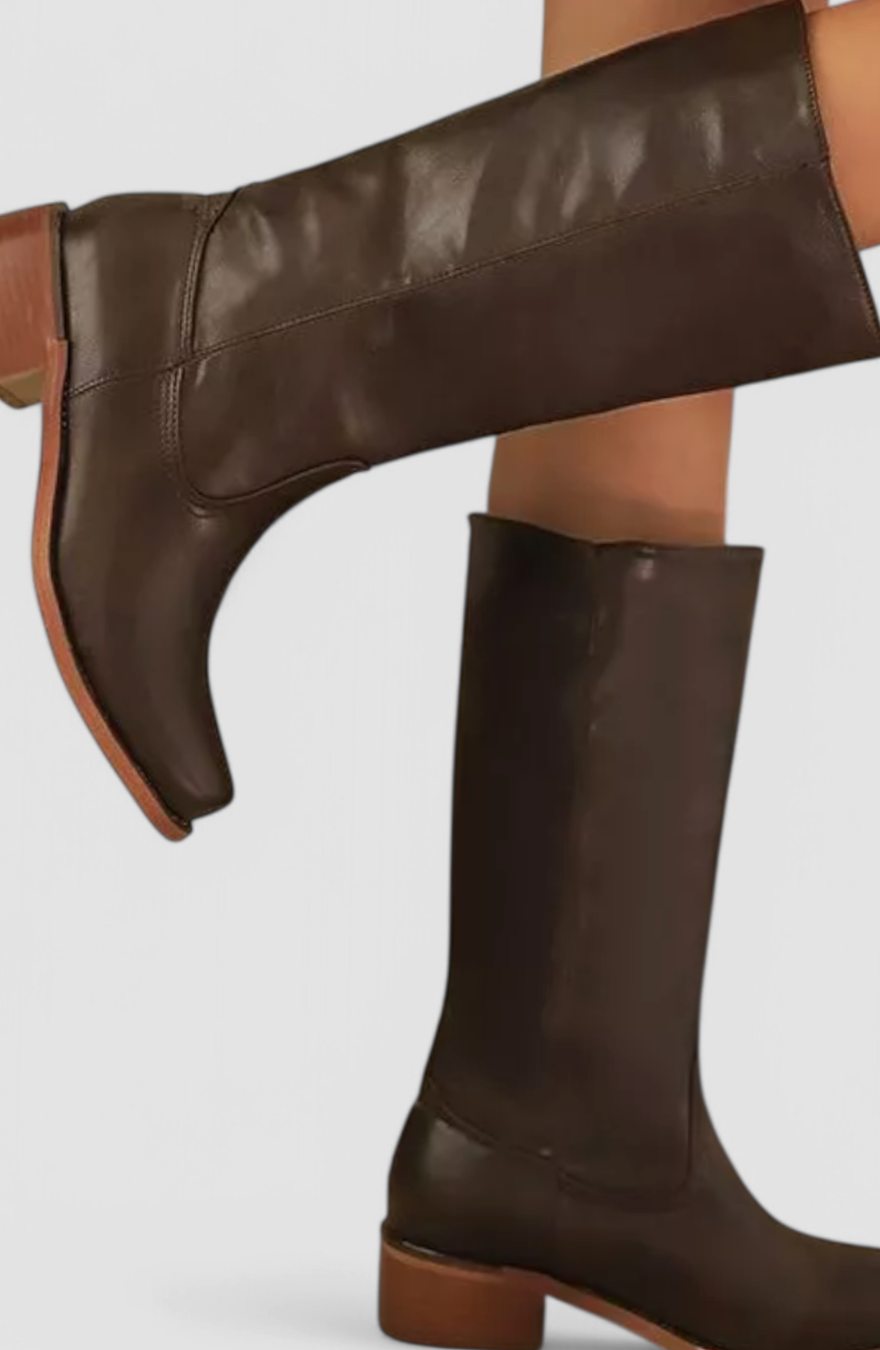 Women's Tall Smooth Leather Boots with Stacked Heel