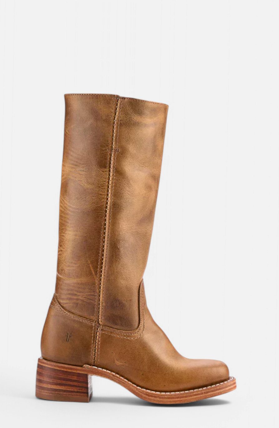 Women's Tall Smooth Leather Boots with Stacked Heel