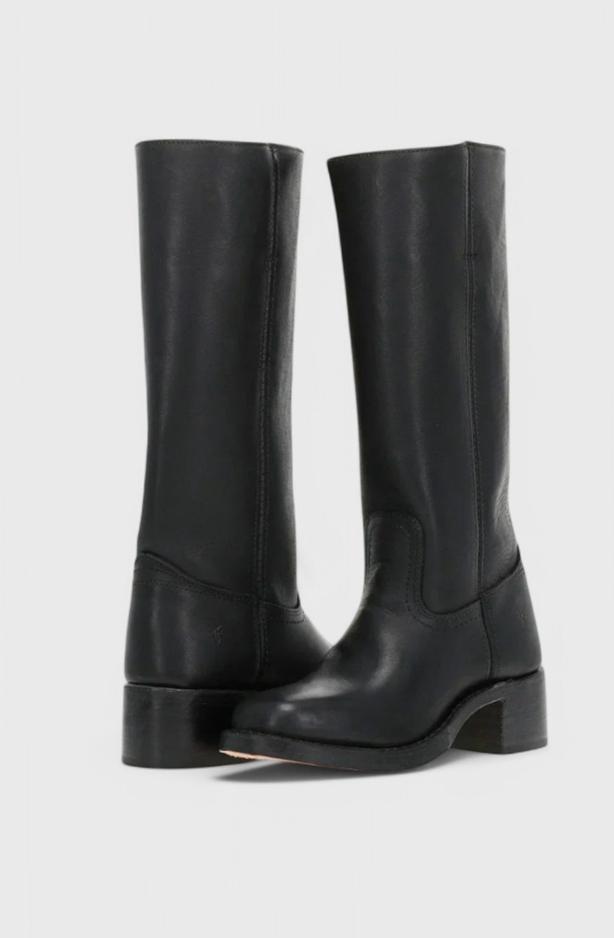 Women's Tall Smooth Leather Boots with Stacked Heel