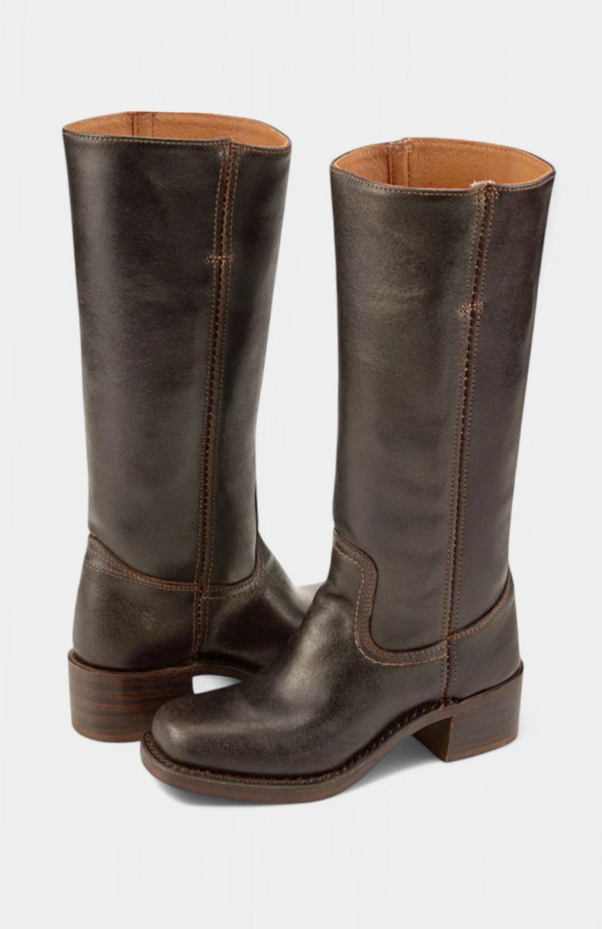 Women's Tall Smooth Leather Boots with Stacked Heel
