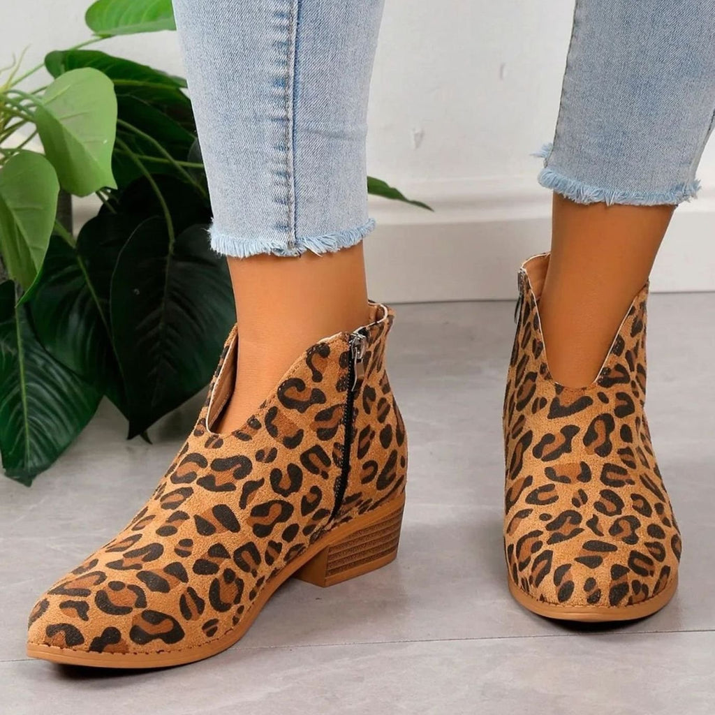 Women's Leopard Print Stacked Block Heel Ankle Booties