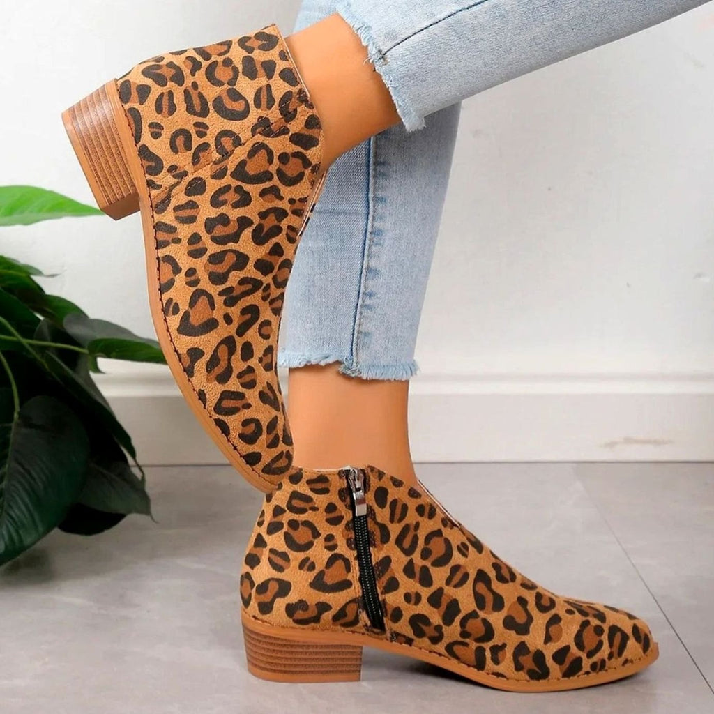 Women's Leopard Print Stacked Block Heel Ankle Booties