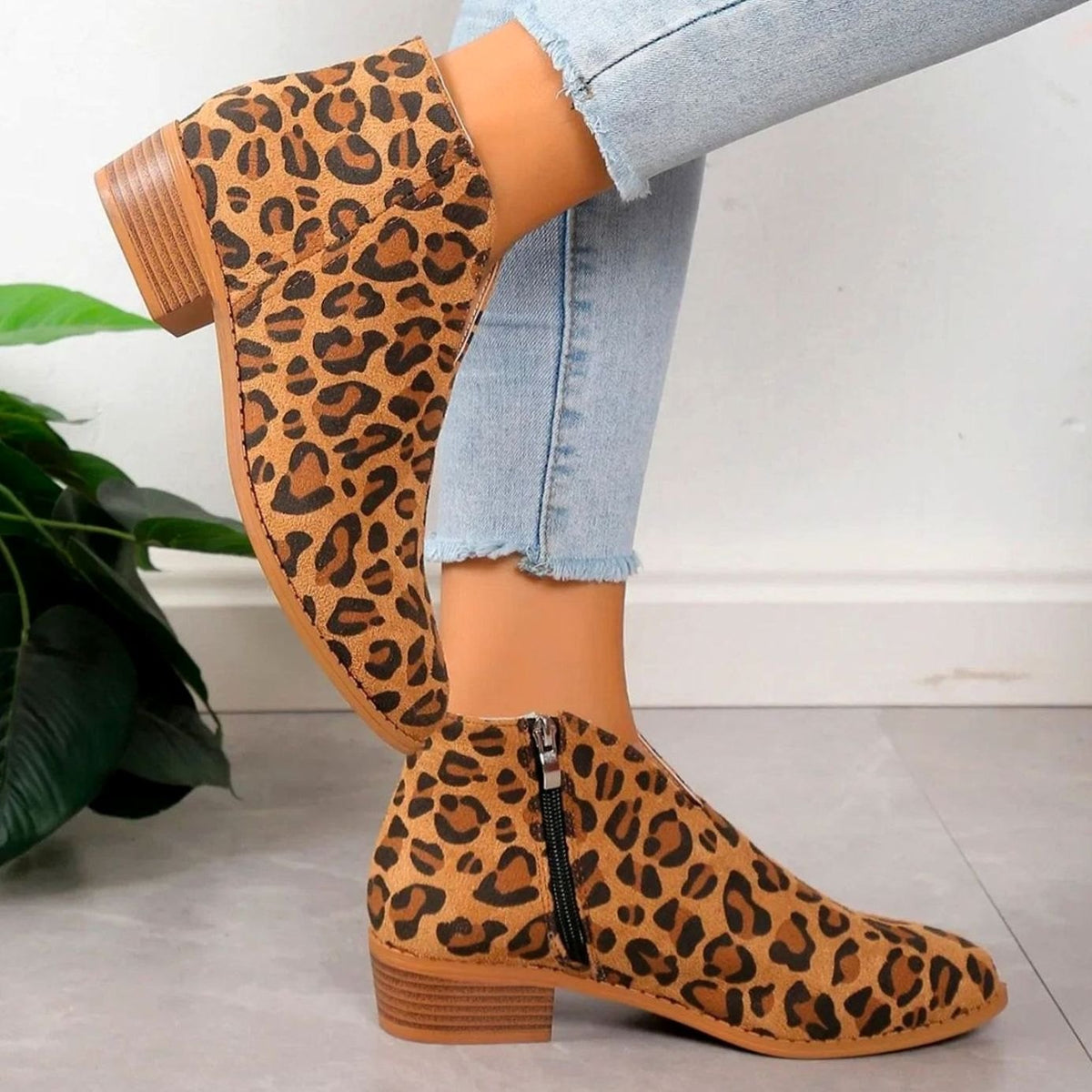 Women's Leopard Print Stacked Block Heel Ankle Booties