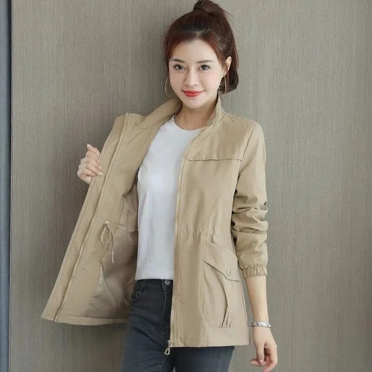 Women's Light Cropped Bomber Coat with Drawstring Hem