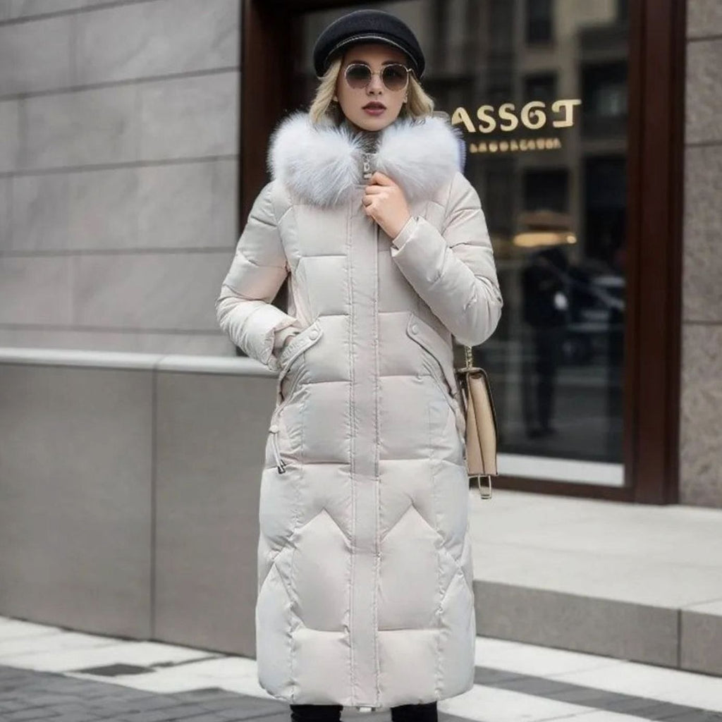 Women's Knee-Length Hooded Coat with Faux Fur Trim