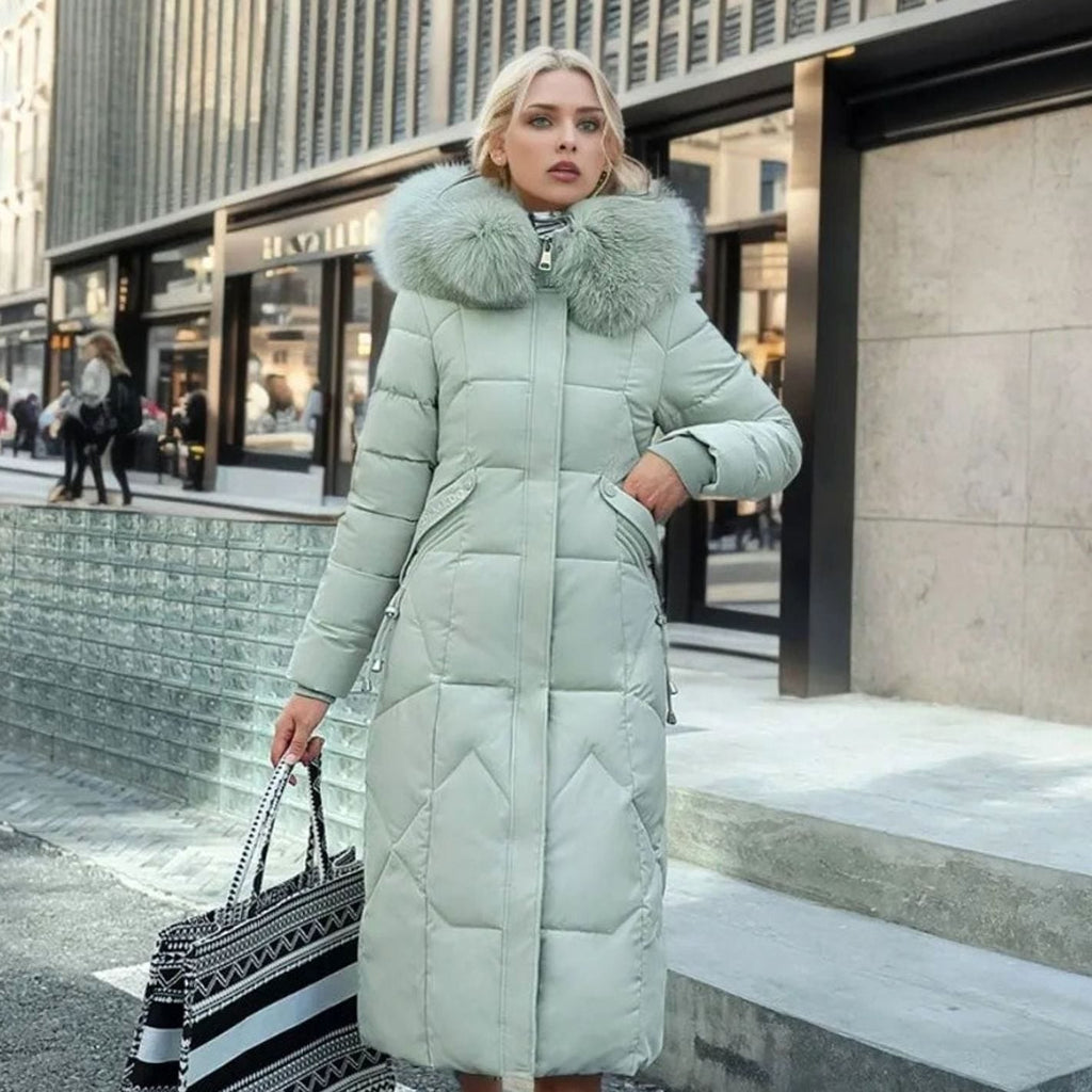 Women's Knee-Length Hooded Coat with Faux Fur Trim