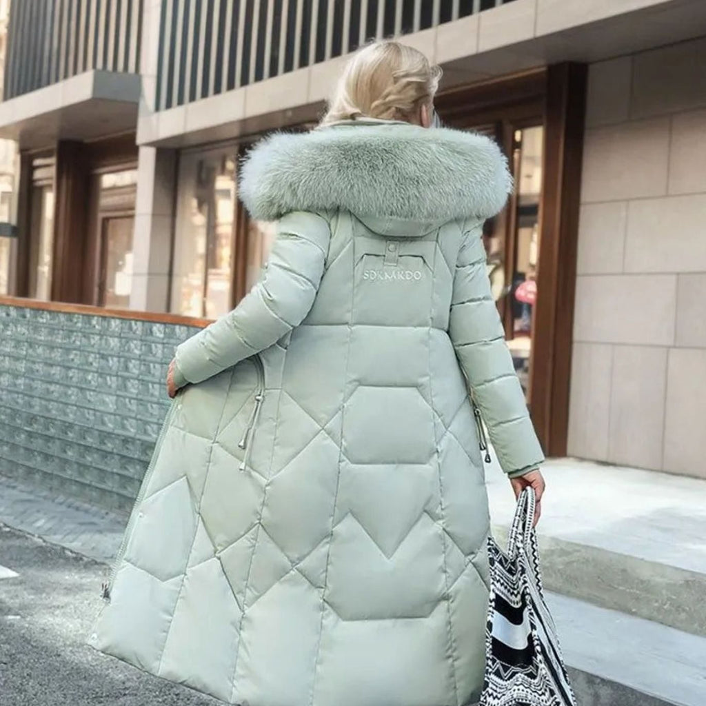 Women's Knee-Length Hooded Coat with Faux Fur Trim