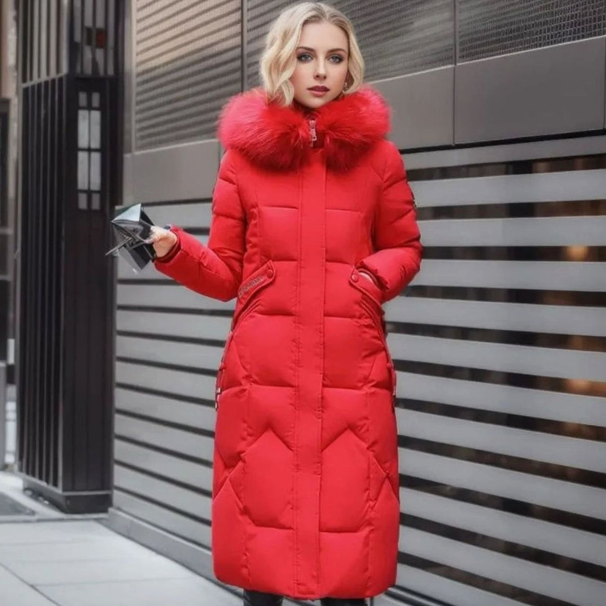 Women's Knee-Length Hooded Coat with Faux Fur Trim