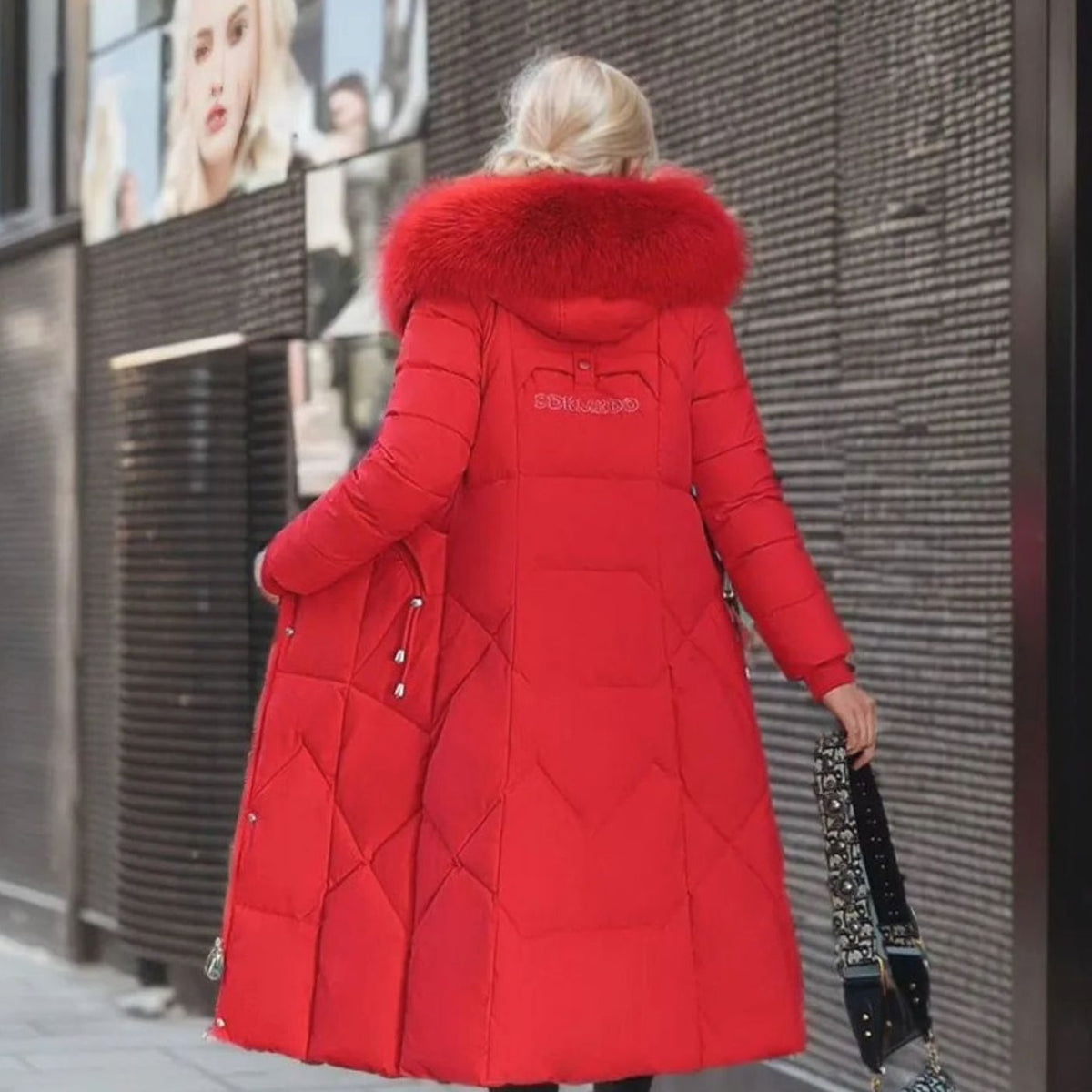 Women's Knee-Length Hooded Coat with Faux Fur Trim
