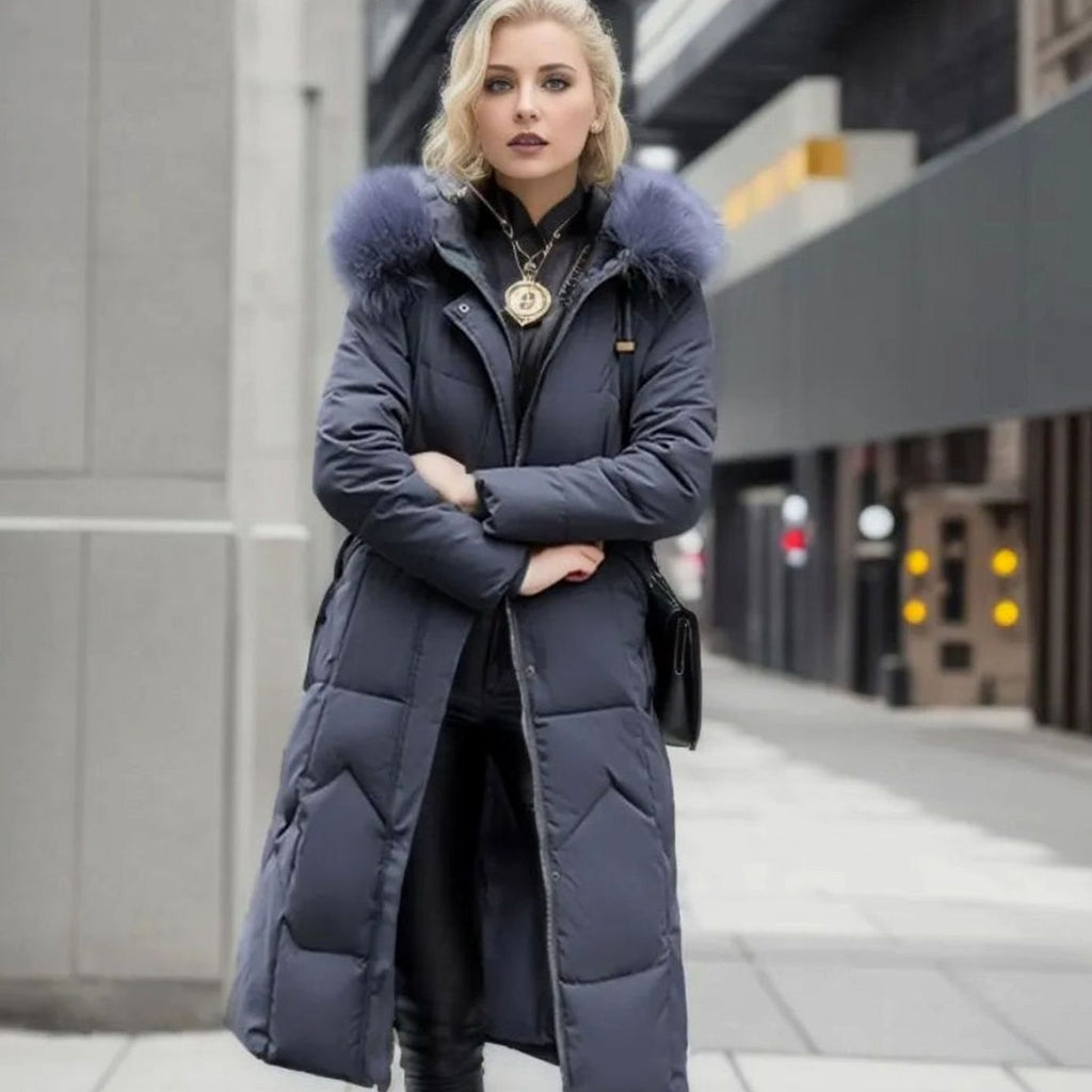Women's Knee-Length Hooded Coat with Faux Fur Trim