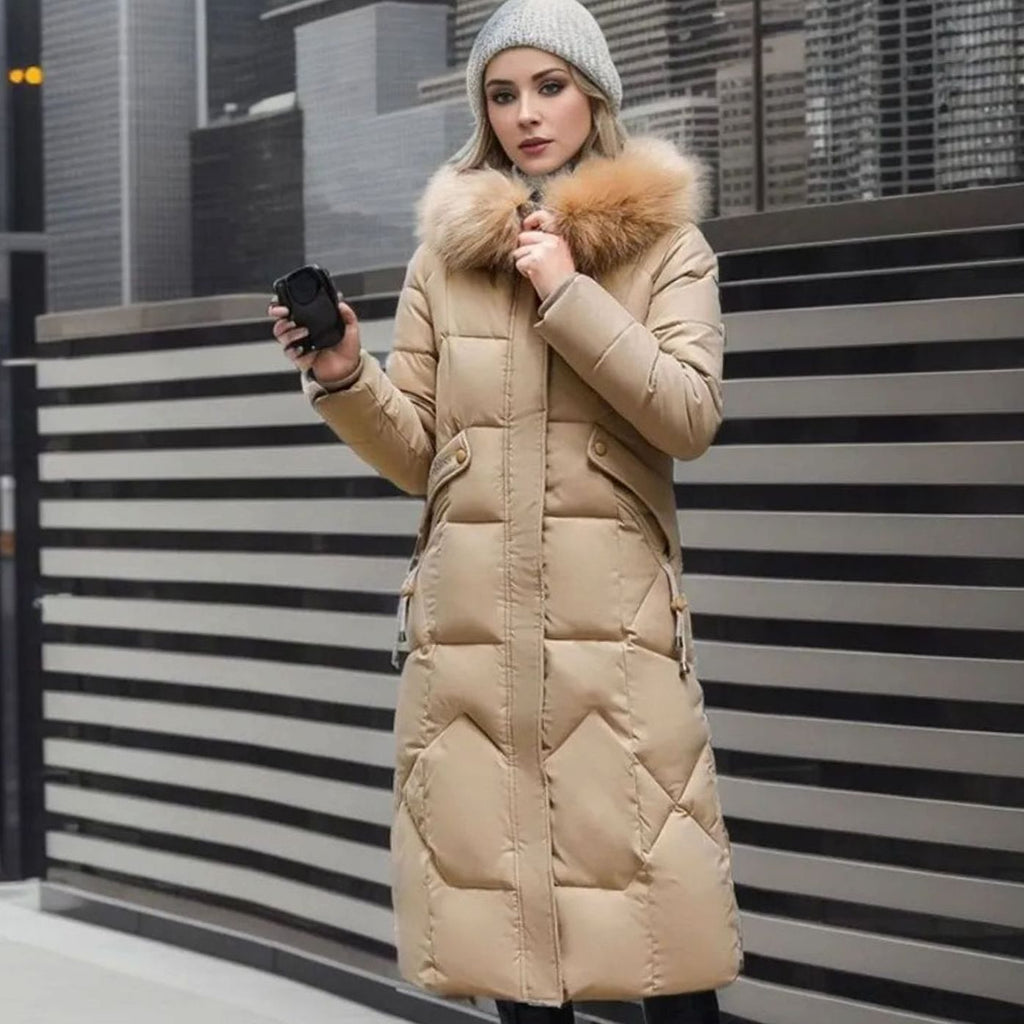Women's Knee-Length Hooded Coat with Faux Fur Trim