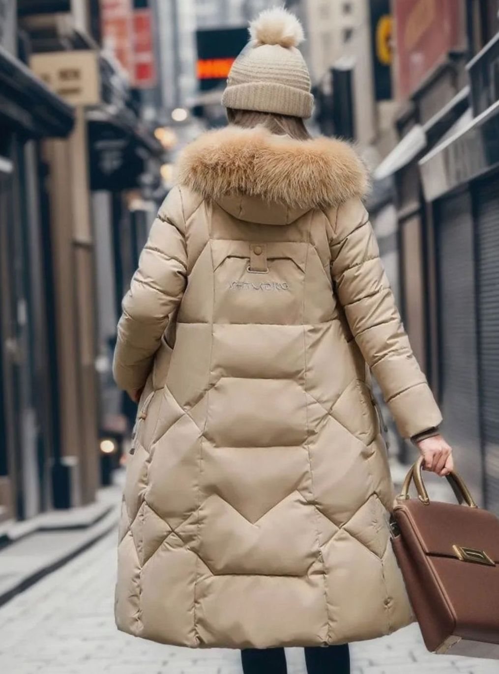 Women's Knee-Length Hooded Coat with Faux Fur Trim